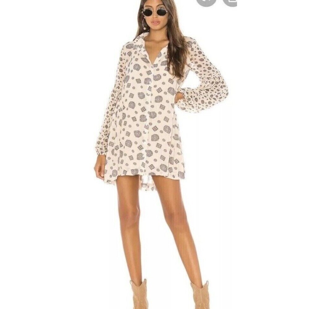 Free People Turn Turn Balloon Sleeve Printed Mini Swing Dress Size Small